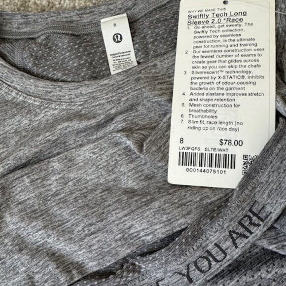 Lululemon Swiftly Tech Long-Sleeve Shirt 2.0 Race Length in Slate/White Size 8 - Picture 7 of 8